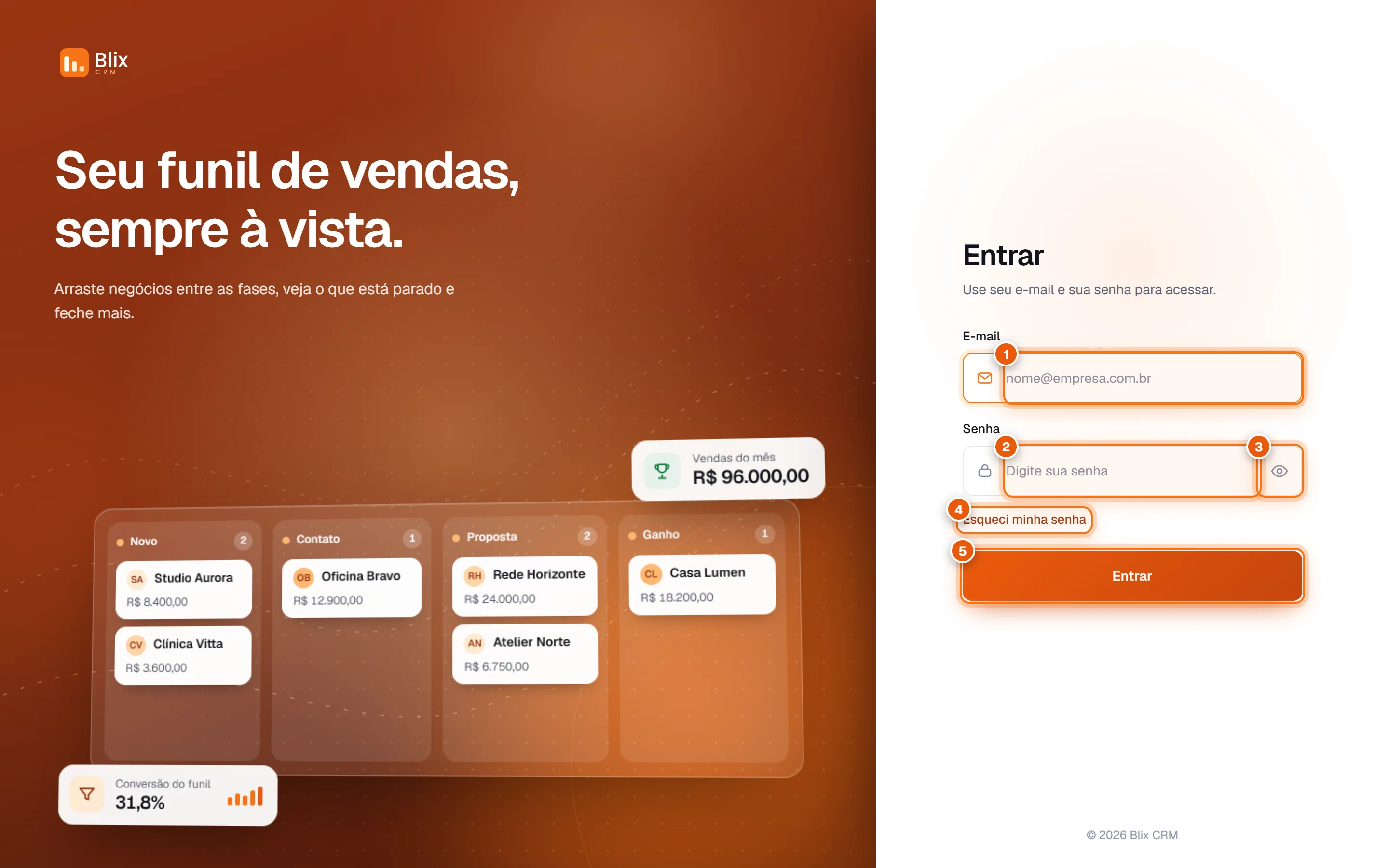 Tela de login do Blix CRM com os campos de e-mail e senha