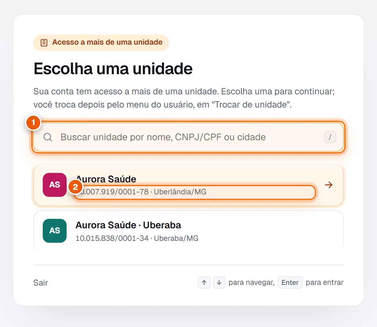 Tela Escolha uma unidade