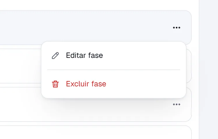 Menu da fase com Editar e Excluir