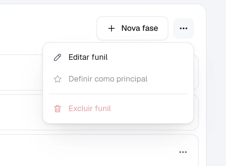 Menu do funil com Editar, Definir como principal e Excluir