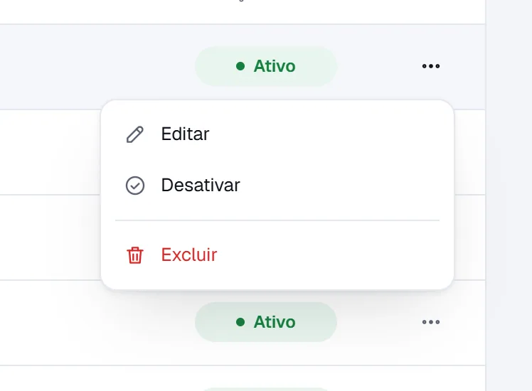Menu do item com Editar, Desativar e Excluir