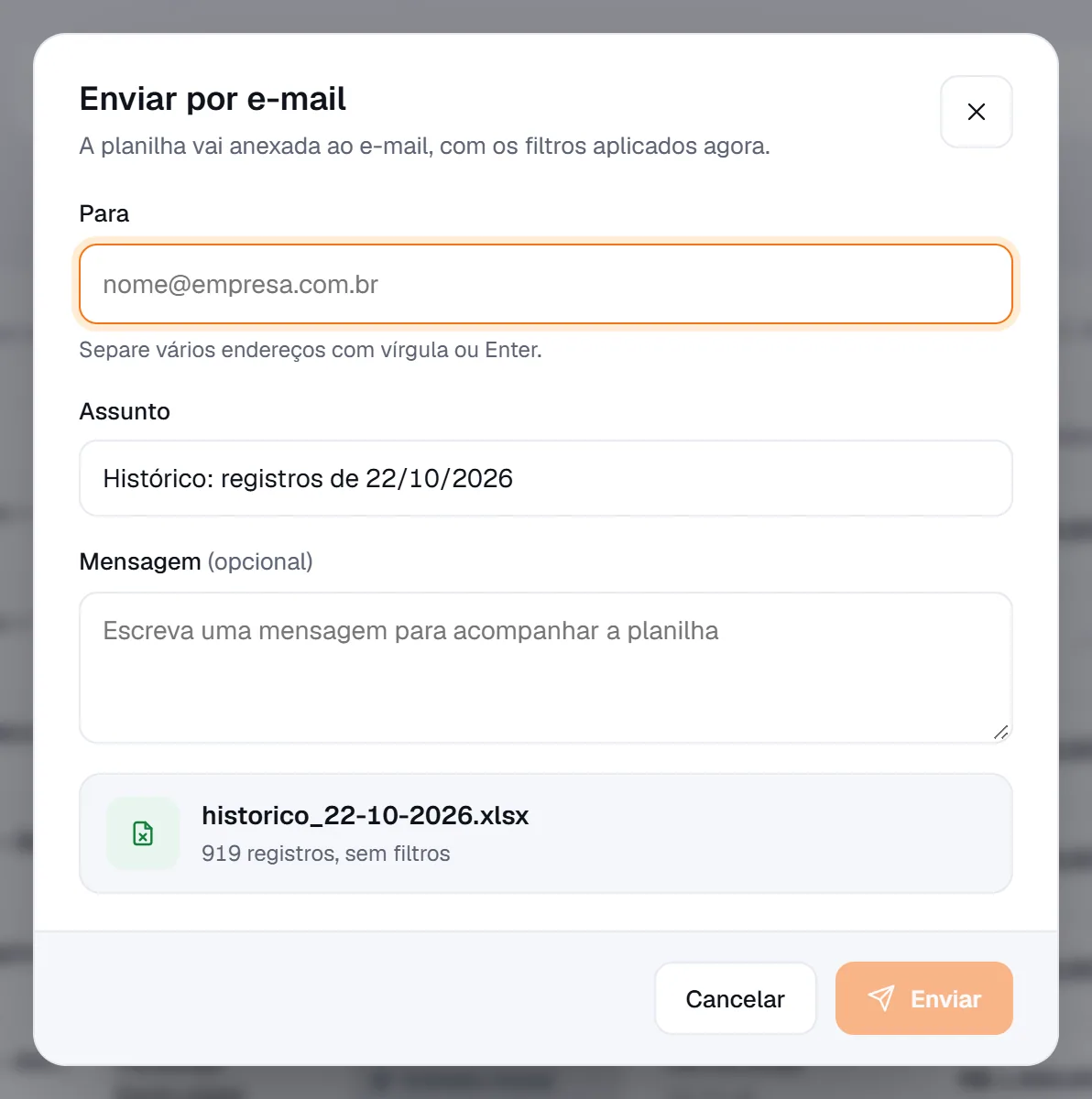 Janela Enviar por e-mail com campos Para, Assunto e Mensagem
