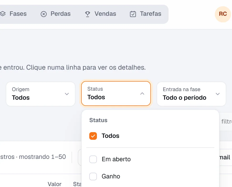 Filtro Status aberto com opções