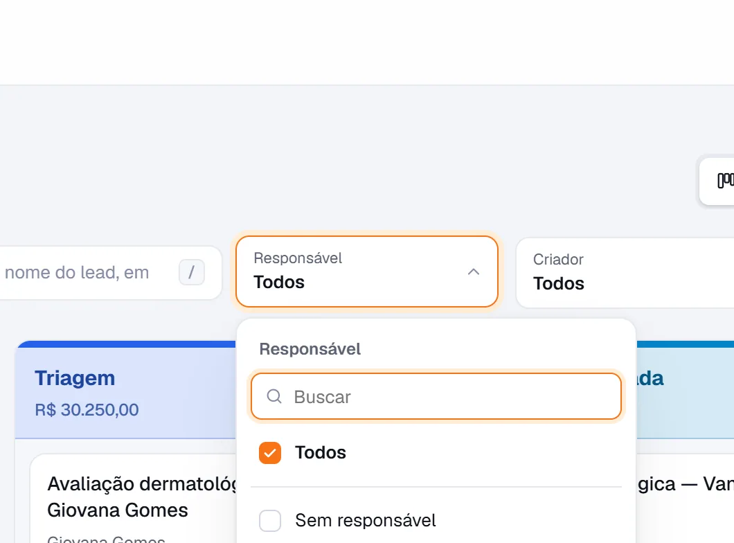 Filtro de responsável aberto com busca