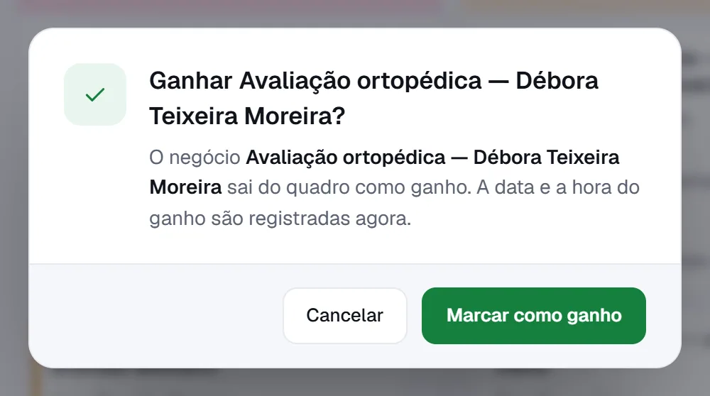 Janela de confirmação para ganhar um negócio