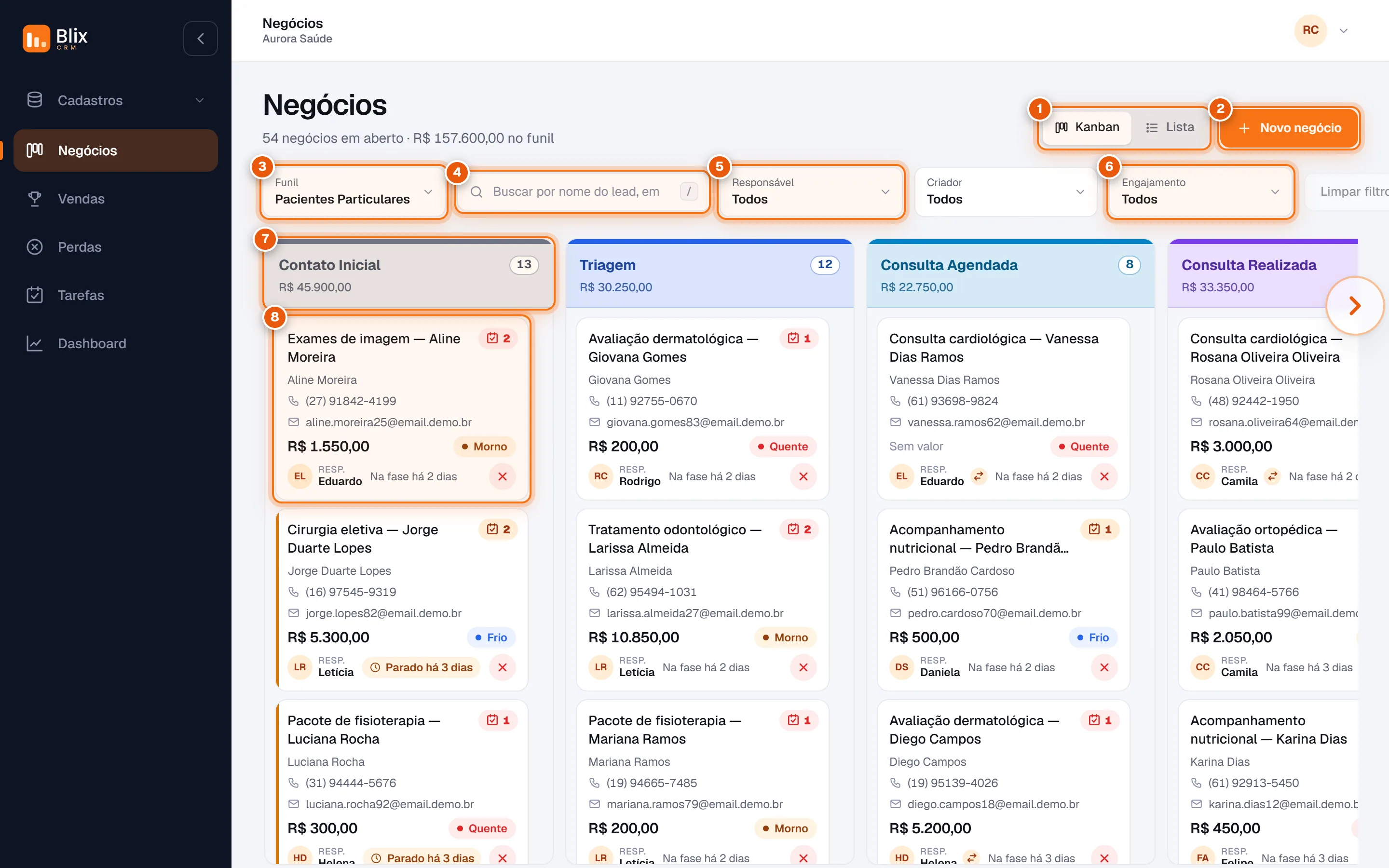 Tela Negócios no modo Kanban com as fases em colunas