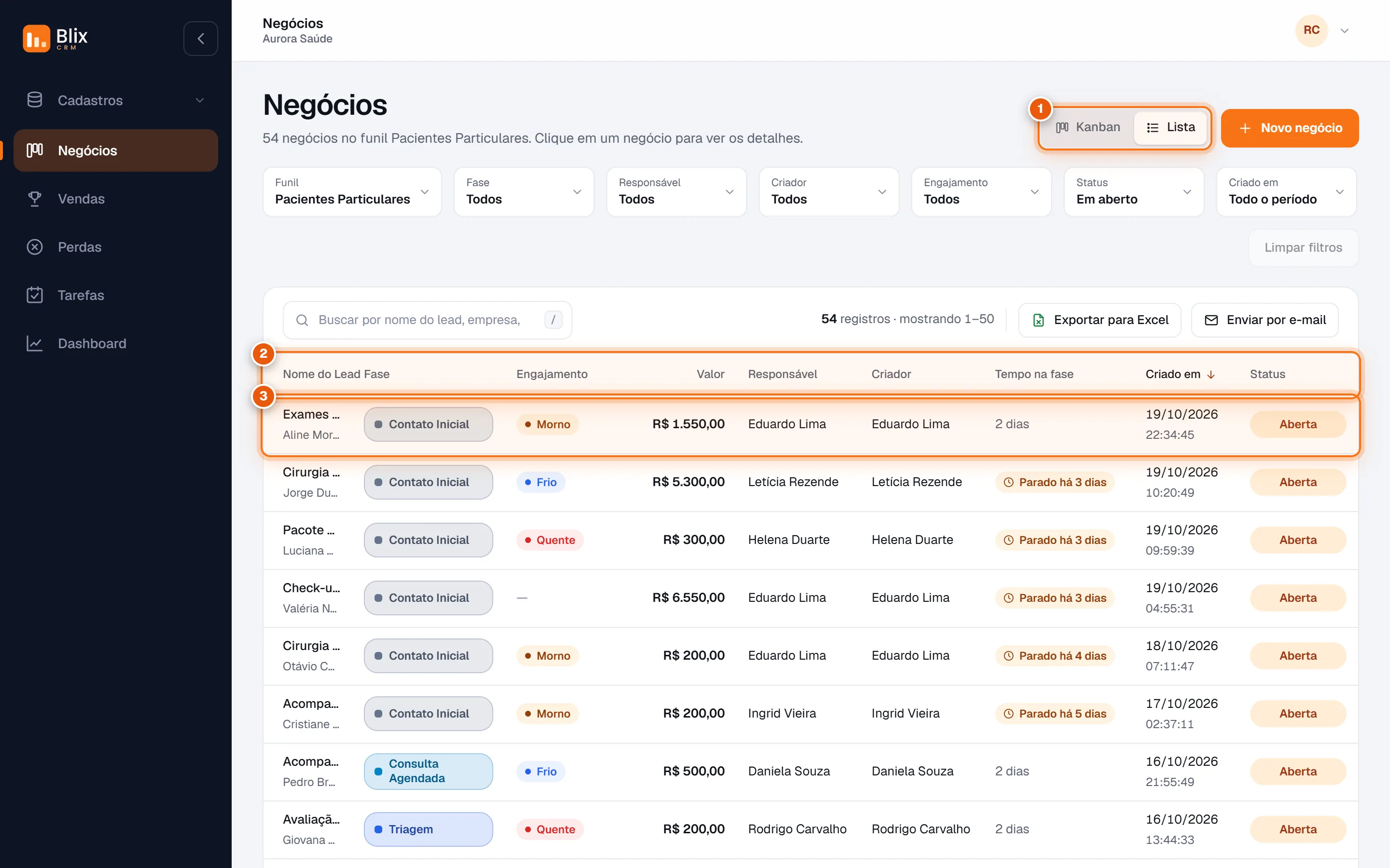 Tela Negócios no modo Lista