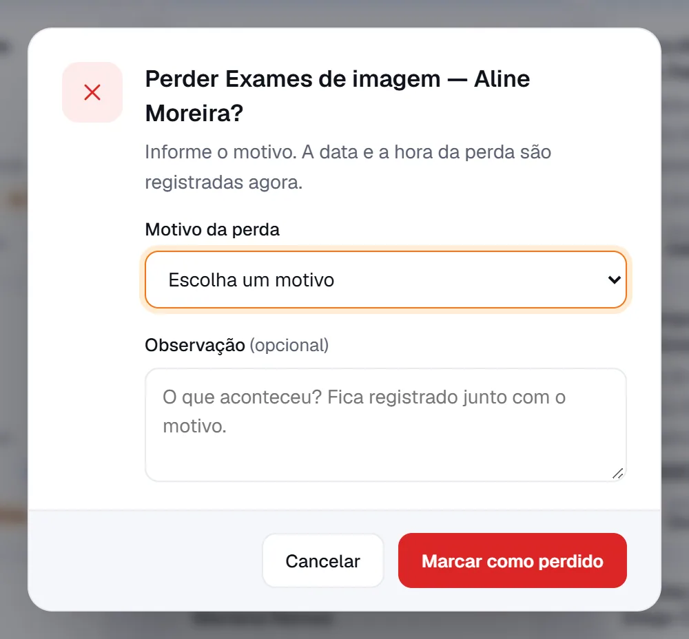 Janela de confirmação de perda com motivo e observação