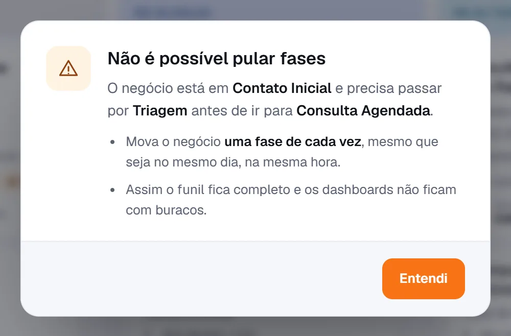 Aviso de que não é possível pular fases