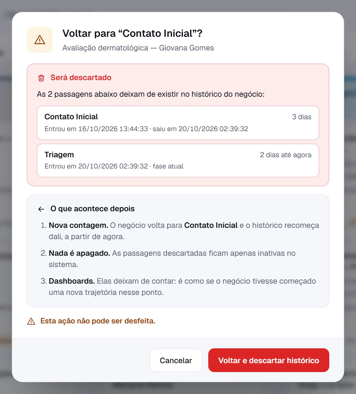 Janela de confirmação ao voltar um negócio para uma fase anterior