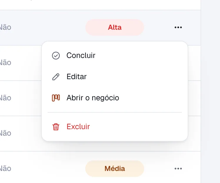 Menu de ações de uma tarefa