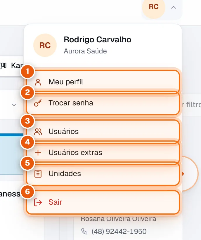 Menu do usuário aberto