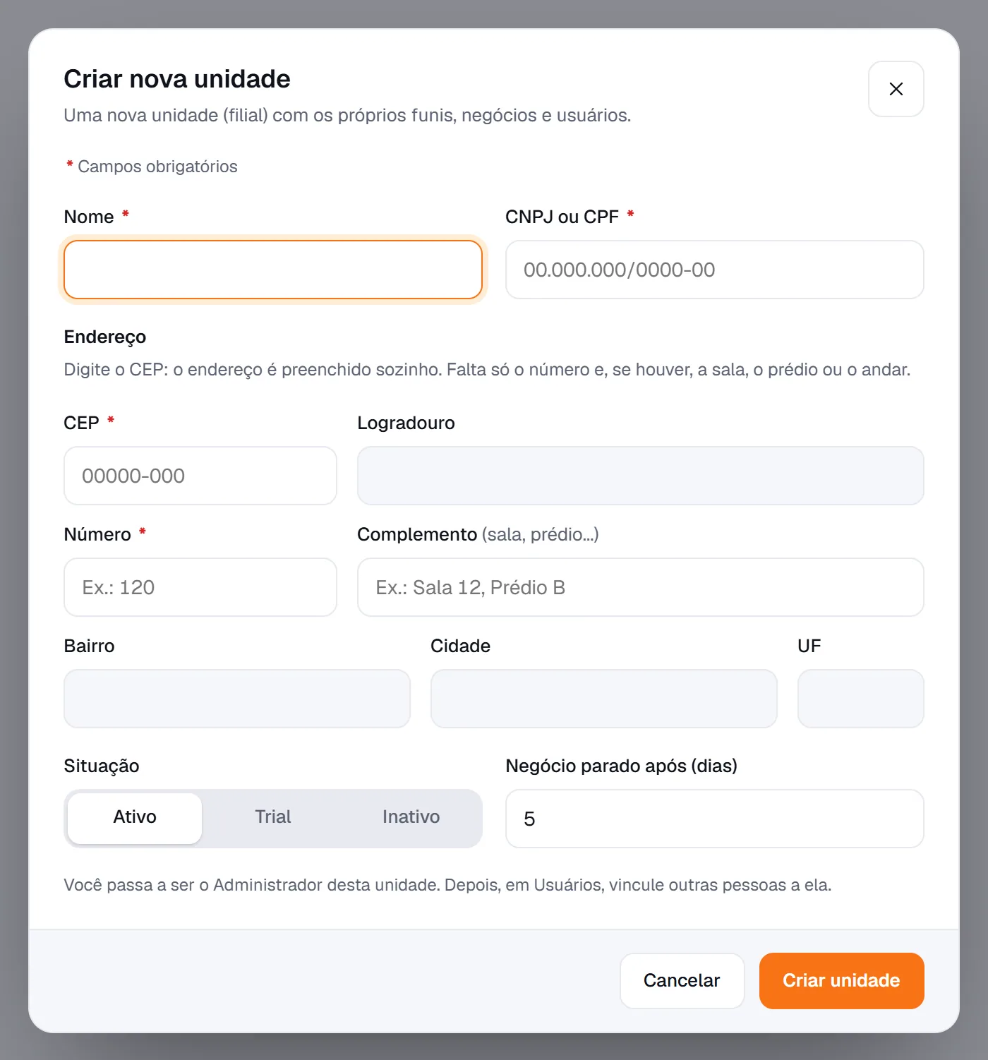 Janela Criar nova unidade