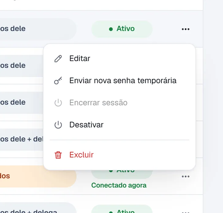 Menu de ações de um usuário