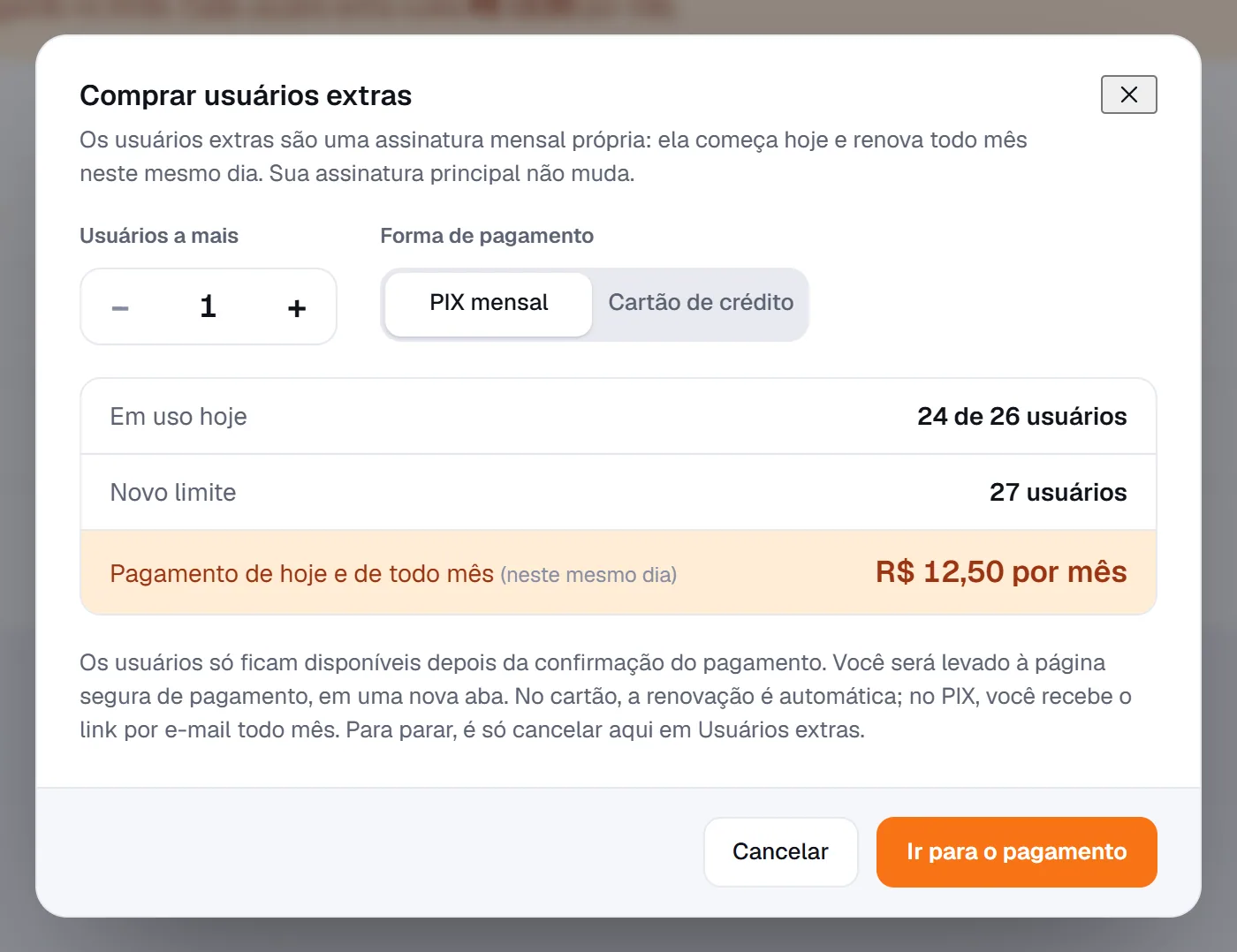 Janela Comprar usuários extras